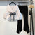 New 2022 Spring Summer 2 Pcs Suits Women&#39;s Striped Bow Lantern Sleeve Blouse + Black Split Flare Sleeve Pants Set S-3XL