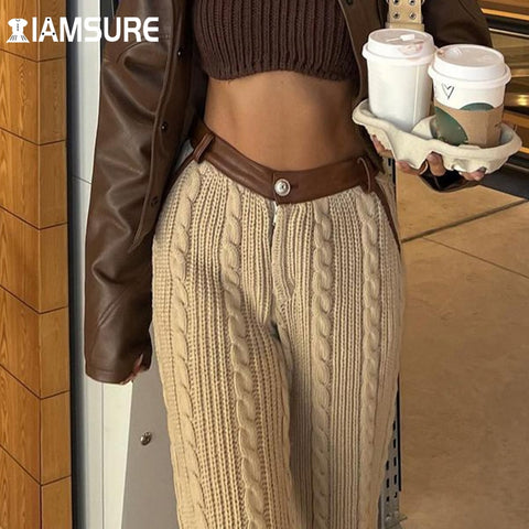 IAMSURE Loose Basic Solid Knitted Pants Casual High Waisted Wide Leg Pants Women&#39;S Trousers Autumn Winter Capris Streetwear