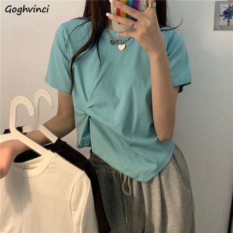 T-shirts Women Summer Solid Pleated Design Tops O-neck Short Sleeve Loose All-match Korean Style Breathable Streetwear Ladies