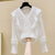 Korean V-neck Women&#39;s Shirts Loose Vintage Long Sleeve Sweet Woman&#39;s Blouse Lace Stitching Flare Sleeve Solid Blouse Women 11422