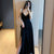 New Solid Black Dress with Suspender Sexy Gentle V-Neck Retro Long Dresses with Side Slit Beach Party 2022 Summer New Clothes
