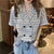 Blouses Shirts Women Plaid Crop Top Vintage Korean Style Sweet Notched Ins Fashion Slender Leisure Chic All-match Summer Loose