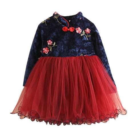 2021 Winter 2-12 Years Teenage New Year Embroidery Lace Red Traditional Chinese Garments Tang Kids Baby Girls Plus Velvet Dress