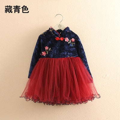 2021 Winter 2-12 Years Teenage New Year Embroidery Lace Red Traditional Chinese Garments Tang Kids Baby Girls Plus Velvet Dress