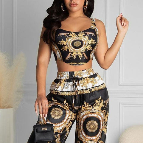 2021 Summer Women Black Clubwear Two Piece Suit Sets Sleeveless Scarf Print Crop Top &amp; High Waist Casual Long Pants Set