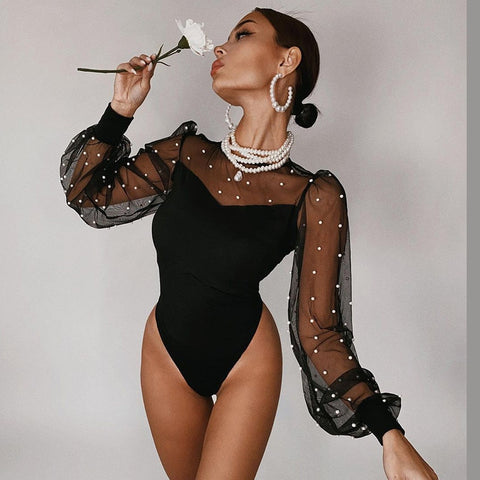 Spring Sexy Mesh Rompers Woman Jumpsuits Fashion Solid Patchwork Long Sleeve Cute Slim Sheath Women Bodysuits Romper Female