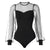 Women&#39;s Round Collar Mesh Hollow Long Sleeve Bodysuit, Tight Solid Color High Waist Blouse