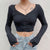 Women T-shirts Sexy V Neck Long Sleeve Off Shoulder Lady T Shirt Cotton Plain Women Crop Tops Basic Tees Undershirt Autumn