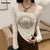 Karrram Cat Printed Long Sleeve Crop Tops Women Sexy Slim Square Collar Irregular T-shirt Autumn Chic Design Streetwear Harajuku