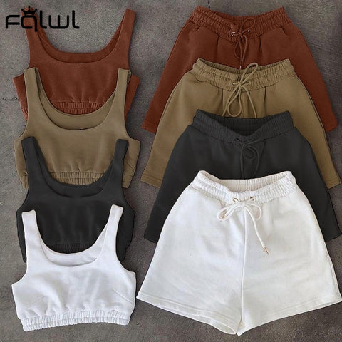 FQLWL Black White 2 Two Piece Sets Women Summer Outfits Crop Top Biker Shorts Matching Set For Sweatsuits Tracksuit Women Female