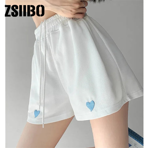 Love embroidery sports shorts women&#39;s summer new loose casual wide-legged high-waisted thin student three-quarter pants