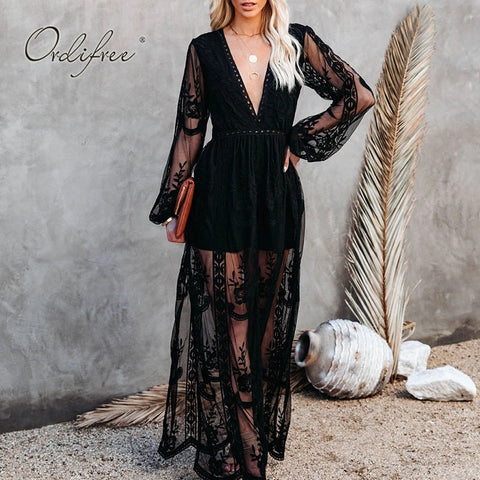 Ordifree 2022 Summer Vintage Women Sexy Maxi Dress Long Sleeve Embroidery See Through White Lace Long Beach Dress
