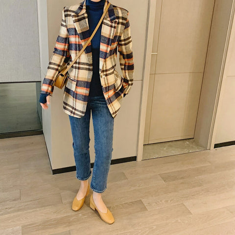 2022 Women Plaid Woolen Casual Blazers Suit For Autumn And Winter Office Long Sleeve Double Breasted Female Korean Jacket Coat