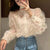 Vintage Lace Blouses Stand Collar Tops See Through Shirt Women Blouse Korean Clothing Pearl Buckle Loose Long Sleeve Shirt 13339