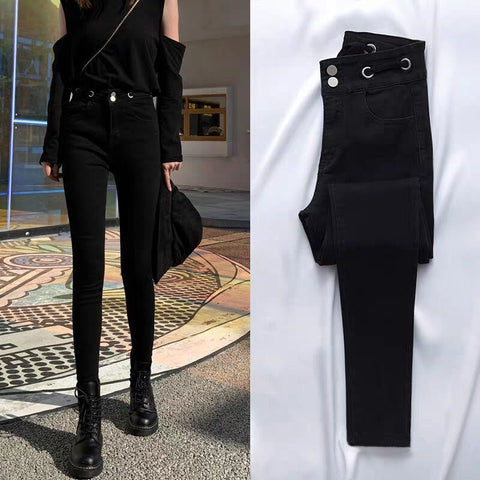 2022 Autumn Spring New Black leggings Casual Elastic High Waist stretch feet pants women&#39;s Metal Buttons was thin Pencil Pants