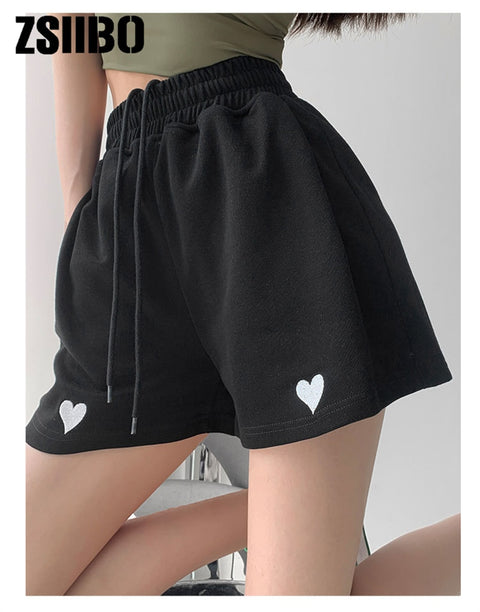 Love embroidery sports shorts women&#39;s summer new loose casual wide-legged high-waisted thin student three-quarter pants