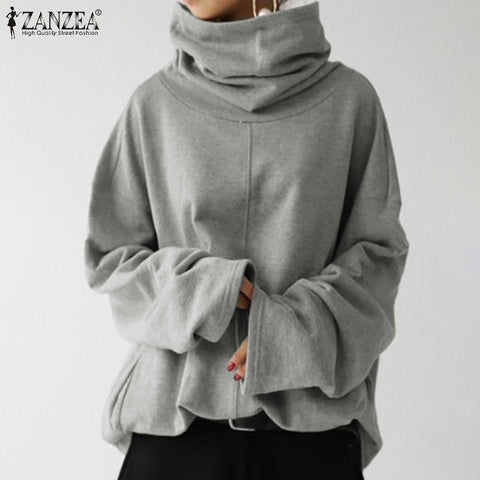 Women's Autumn Sweatshirts ZANZEA 2022 Stylish Turtleneck Hoodies Long Sleeve Pullovers Female Casual Stiching Solid Traksuits