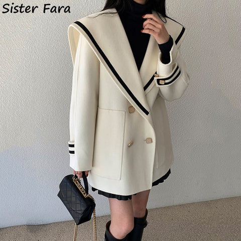 Sister Fara Autumn Sailor Collar Blazer Long Sleeve Jacket Women Double Breasted Winter Thicken Warm Jacket Coat Loose Blazers