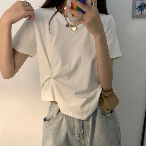 T-shirts Women Summer Solid Pleated Design Tops O-neck Short Sleeve Loose All-match Korean Style Breathable Streetwear Ladies