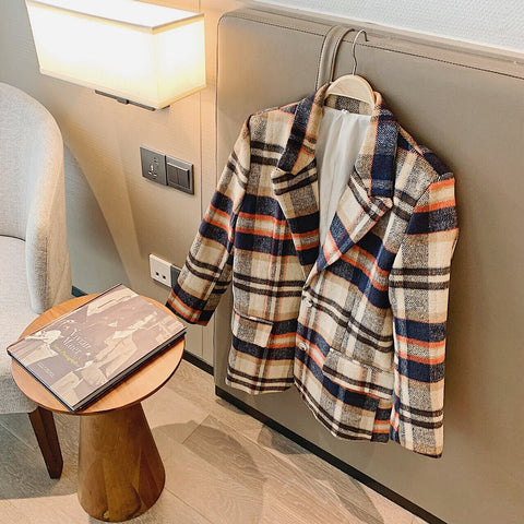 2022 Women Plaid Woolen Casual Blazers Suit For Autumn And Winter Office Long Sleeve Double Breasted Female Korean Jacket Coat