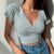 Summer French retro floral V-neck short-sleeved T-shirt Slim slimming wild high waist T-shirt women&#39;s top