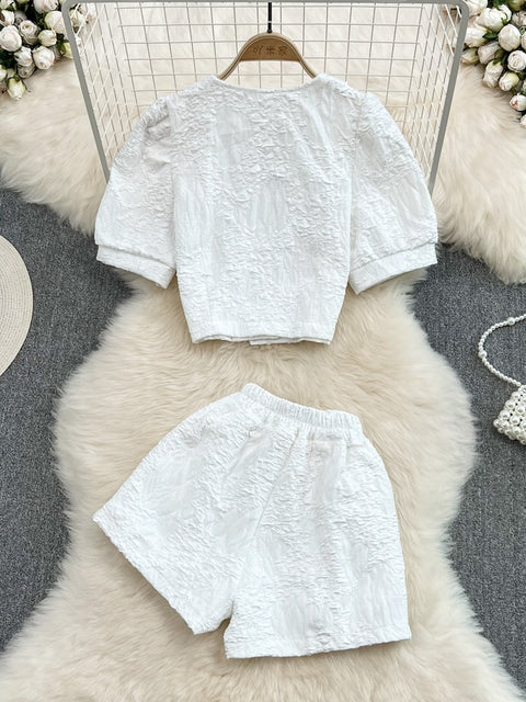 Summer New Style Suits Fashion Doll Collar Single Breasted Short Sleeve Top + High Waist Thin And Wide Leg Shorts Two-piece Suit