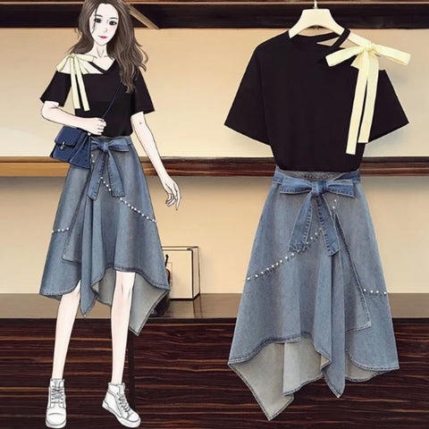 Women Summer Casual Joker Tow Pieces Skirt Set 2022 New Fashion Bow Shirt+Denim Pearl Irregular Skirts Outfit Streetwear Female