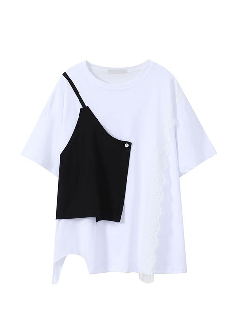 Women&#39;s T-shirts Fashion Streetwear Female O-Neck Loose T-shirt Short Sleeve Chic Lace Patchwork Lady Casual Tees Summer Spring
