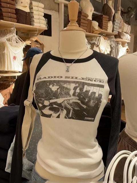 Vintage Rock Graphic Long Sleeve T-shirts Women Autumn New Print Cotton Ribbed T Shirt Female Retro Streetwear Slim Y2k Tops