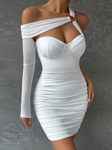 One Shoulder Hollow Out Ruched Mini Dress For Women Robe White Backless Bodycon Sexy Party Dress Vestido Clubwear