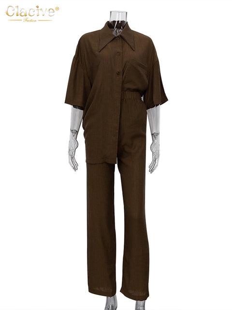 Clacive Causal Loose Trouser Suits Autumn Short Sleeve Blouse With High Wasit Pants Set Women Elegant Brown 2 Piece Pants Sets
