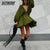 Sexy Low Cut Green Pleated Dresses Backless Lantern Sleeve Streetwear A-Line Autumn Dress Woman V-Neck High Waist Casual