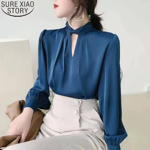 2022 Autumn New Elegant Fashion Acetate Satin Blouses Women Tops Office Lady Long Lantern Sleeve Shirt Blusa Mujer Clothes 16877