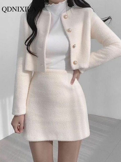 2022 Autumn Winter New Korean Fashion Sweet Women&#39;s Suits with Mini Skirt Two-pieces Set Woman Dress Casual Elegant Tweed Suits