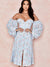 On Vacation Summer Leisure Time Dress Printed Sexy Off Shoulder Dress Slim Open Button Blue Long Bubble Sleeve Dresses
