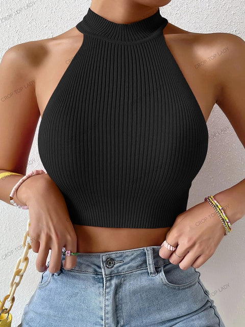 13Colors Women Basics Solid Casual Ribbed Knit Sleeveless Corset Halter Crossfit Crop Top Y2k Clothes Femme Stretch Cropped Tank