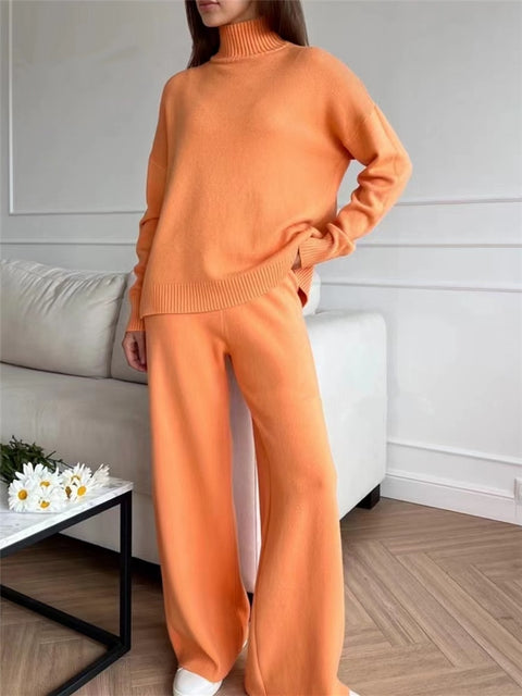 2 Pieces Women Sets Knitted Tracksuit Turtleneck Sweater and Straight Jogging Pants Suits