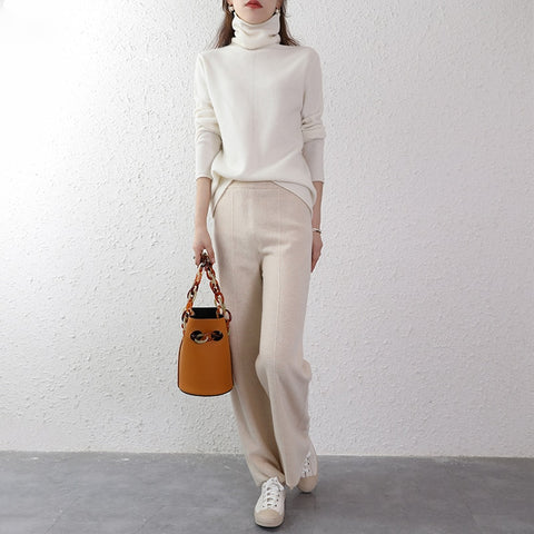 100% Pure Wool New Wide-leg Pants Autumn And Winter Thickening Striped Mopping Pants Women Loose Large Size Knitted Long Pants