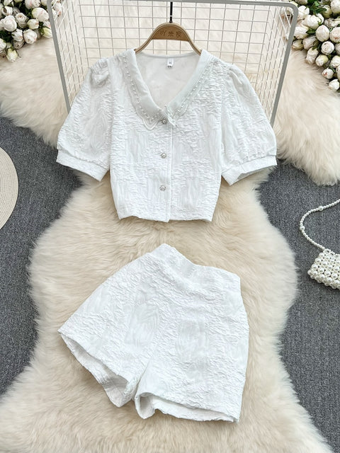 Summer New Style Suits Fashion Doll Collar Single Breasted Short Sleeve Top + High Waist Thin And Wide Leg Shorts Two-piece Suit