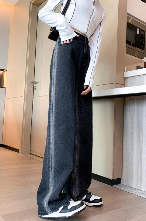 korean fashion velvet Streetwear Keep warm jeans woman Wide Leg high waist Straight pants women Korean style