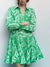 Green Mini Dress Women 2022 Summer Long Sleeve Elegant Pleated Beach Vestido With Sashes Floral Print Sexy Boho Dresses Women