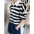 Polo&#39;s Neck Striped Puff Sleeve Half Zipper T Shirt Black White Color Block Summer Korean Style Short Sleeve Women T-shirt