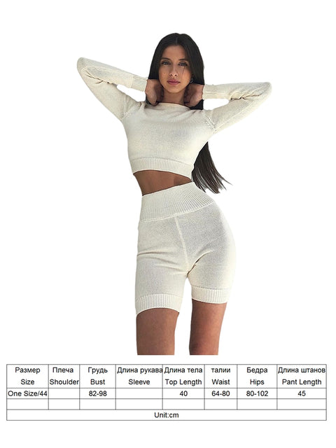 TYHRU Women’s Knitted Shorts Suits Sexy Summer Cropped Tops Pullovers Sweaters+Skinny Shorts 2 pieces Tracksuits Jogging Outfits
