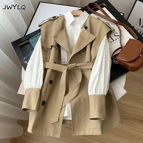 Office Two-piece Sets Loose White Long Sleeves Shirt+tie Waist Trench Coat Vest Suit Autumn Single-breasted Tooling Women Suits