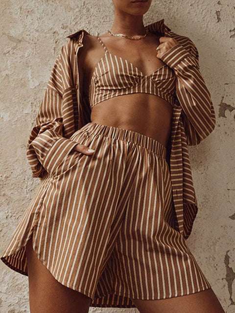 Women&#39;s Tracksuit Stripe Shirt Shorts Three Piece Set Long Sleeve Top And Mini Shorts Outfit Female 2022 Summer Lady New Suits