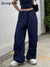 Jacqueline 2022 Summer y2k Blue Cargo Pants Womens Outifit Drawstring Baggy Sexy Crop Top and Low Waist Wid Leg Pant Set Fashion