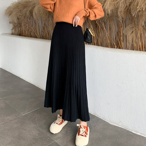 Winter Thickened Rib Knitted Large Swing Maxi Long Skirts Elegant Solid A-line Pleated Ankle Length Knit Skirts Coffree Beige