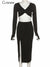 Cutenew Elegant Solid Black 2 Pieces Set Women Outfit Long Sleeves Crop Top+High Waist Side Slit Skirts Matching Lady Streetwear