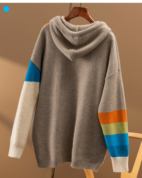 Autumn/Winter 2022 new rainbow inlaid loose and thick hooded 100% pure cashmere sweater women&#39;s hoodie long sleeve