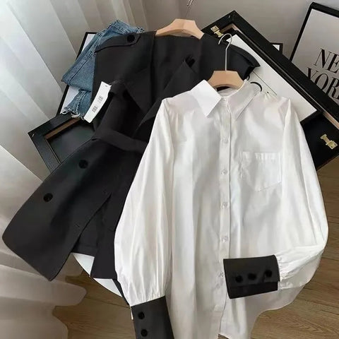 Office Two-piece Sets Loose White Long Sleeves Shirt+tie Waist Trench Coat Vest Suit Autumn Single-breasted Tooling Women Suits